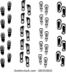 Set of various shoe prints isolated on white background.