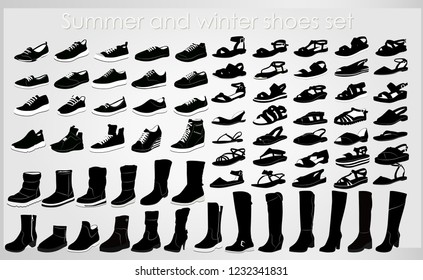 Set of various shoes on a gray background