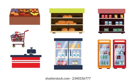 Conjunto de varios equipos de compras. Ilustración vectorial de un rack con verduras y frutas, estanterías con pan, patatas fritas, refrigeradores con bebidas, jugos, leche, un carrito con productos, caja registradora.