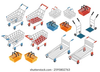 Set of various shopping carts and baskets. Plastic and steel supermarket tools. Warehouse push cart on wheels with handle. Vector illustration isolated on white background.