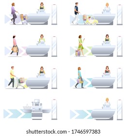 Set of various shopping in store vector flat illustration. Collection of different man, woman, family and child with trolley and shopping cart isolated on white. Self-service and anti-theft sensor.