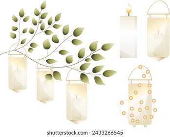 Set of various silhouette lantern, hanging lamp with candle illustration, icon vector design clipart, vintage retro style