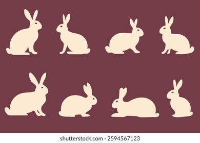 Set of Various silhouettes of rabbits on dark background
