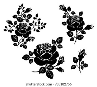 
Set of various silhouettes of roses. Vector compositions of lush rose flowers, twigs with thorns, leaves and Ã¥Ã°Ã³ buds.