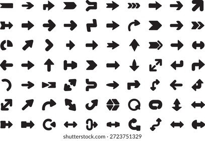 Set of various simple black rounded shape arrows pointing right left up down diagonal curved or double sided for navigation interface design