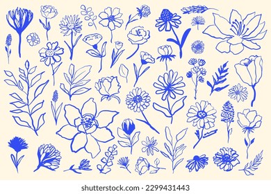 Establezca varias flores simples en un vector de estilo dibujado a mano.