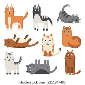 Set of various simple geometric cats. Cute kittens in different colours, shapes and poses. Modern flat art style. Vector cartoon characters