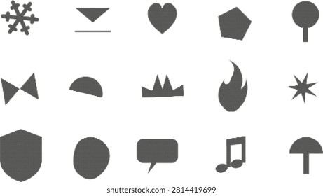 Set of various simple icons featuring shapes and symbols isolated on transparent background
