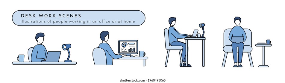 A set of various simple illustrations of men working at their desks.
The Japanese text means "various desk work illustration set.