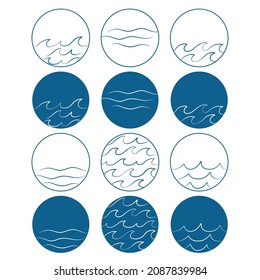 Set of various simple minimalist waves in circle line and colour water lake river logo vector illustration, bundle set collection package design on white background