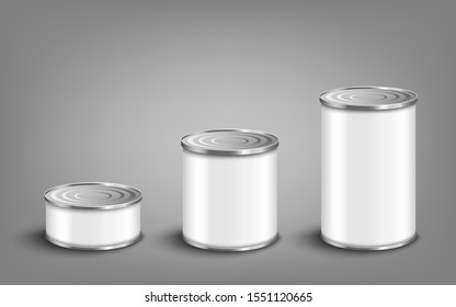 Set of various sizes food tin cans - side view, 3d realistic vector mockup illustration isolated on transparent background. Cylindrical blank white conserve packaging.