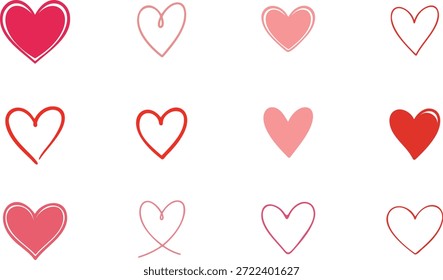 Un conjunto de varios símbolos de corazón dibujados y delineados en colores rojo y rosa, perfecto para el romance, la boda y los diseños de tarjetas de felicitación.