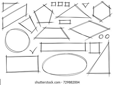 Set of various sketchy 2d geometrical shape doodles.