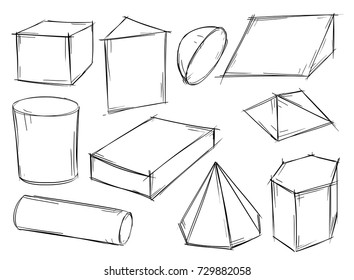 Set of various sketchy 3d geometrical shape doodles.