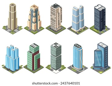 Conjunto de varios rascacielos. Colección de edificios de vidrio increíblemente altos ubicados en el centro de la ciudad o en el centro. Aislado sobre fondo blanco. Ilustración de vector