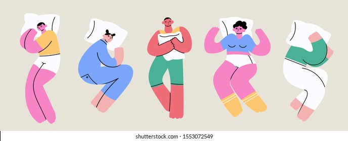 Set of various sleeping people in different positions. Top view. Hand drawn colored trendy vector illustration. Cartoon style. Flat design. All elements are isolated svg
