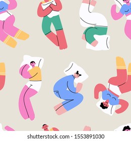 Set of various sleeping people in different positions. Top view. Hand drawn colored trendy vector seamless pattern. Cartoon style. Flat design