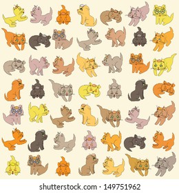 Set of various small colored cartoon kittens, editable vector illustration