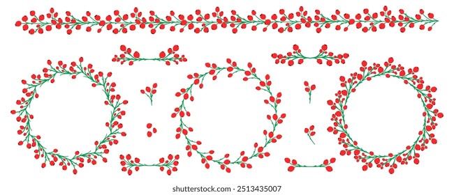 Conjunto de varias Pequeñas bayas rojas, individuales y ramitas. Gérmenes de serbal, viburnum, arándano, arándano rojo, arándano aislado en blanco dibujado a mano en estilo plano doodle