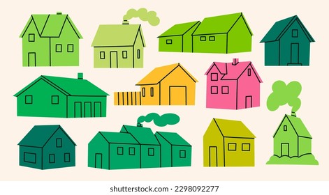 Set of various small tiny Houses. Paper cut cartoon minimal style. Flat design. Hand drawn Vector illustration. Isolated design elements. Building, sweet home, real estate concept