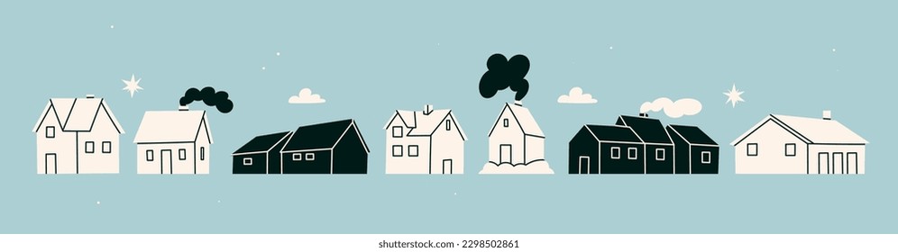 Set of various small tiny Houses. Paper cut cartoon minimal style. Flat design. Hand drawn Vector illustration. Isolated black and white design elements. Building, sweet home, real estate concept