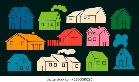 Reihe von verschiedenen kleinen Häusern. Papierschnitt Cartoon minimalistisch. Flaches Design. Handgezeichnete Vektorgrafik. Einzige Design-Elemente. Gebäude, Heim, Immobilien-Konzept