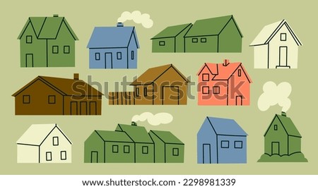 Set of various small tiny Houses. Paper cut cartoon minimal style. Flat design. Hand drawn Vector illustration. Isolated design elements. Building, sweet home, real estate concept