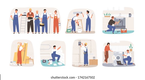 Set of various smiling home masters and repairmans vector flat illustration. Collection of different plumber, painter, plasterer, tiler and electrician isolated on white. Man and woman repairers - Shutterstock ID 1742167502