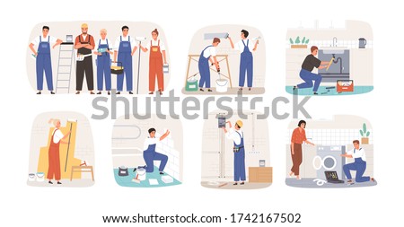 Set of various smiling home masters and repairmans vector flat illustration. Collection of different plumber, painter, plasterer, tiler and electrician isolated on white. Man and woman repairers
