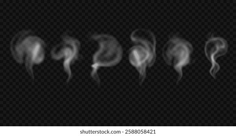 Set of various smoke, steam, mist effects. Vector realistic round, swirl vapor, haze isolated on transparent background