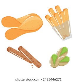 set of various snack icons, namely potato chips, rye crackers, french fries and pistachios, for various designs, posters or banners