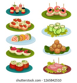 Set of various snacks for banquet. Appetizing food. Culinary theme. Flat vector for recipe book or restaurant menu