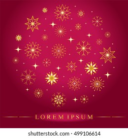 Set of Various Snowflakes Arranged in Circle. Golden Shimmering Stars and Snowflakes on Red Background.  Perfect for Christmas and New Year Design. Vector Illustration.