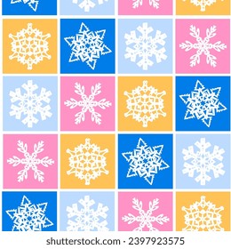 Set of various Snowflakes. Paper cut style. Christmas winter snow flakes. Hand drawn trendy Vector illustration. Party decoration, new year celebration concept. Square icons. Seamless Pattern