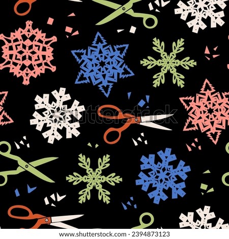 Set of various Snowflakes, scissors. Paper cut style. Christmas winter snow flakes. Hand drawn trendy Vector illustration. Party decoration, new year celebration concept. Square seamless Pattern