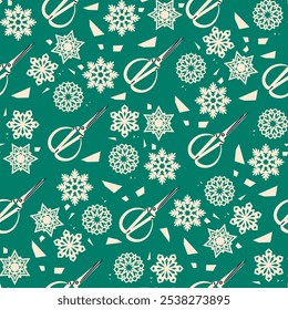 Set of various Snowflakes, scissors seamless pattern. Paper cut style. Christmas winter snow flakes. Hand drawn trendy Vector illustration. 