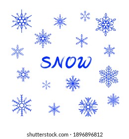 Set of various snowflakes, world snow day, different symmetric hexagon symbols, ornate abstract shapes with simple outline and hand drawn inscription Snow. Isolated white graphic design elements