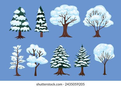 Set of various snowy tree set collection, fir tree in snow cartoon, Spruce covered with snow decoration, Isolated on blue background vector design elements. Hand drawn illustration.