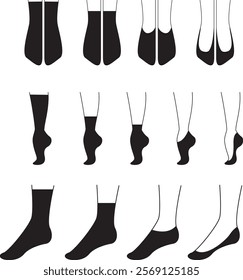 Set of various socks. Different types of women's socks, tights and stockings. Outline vector illustration