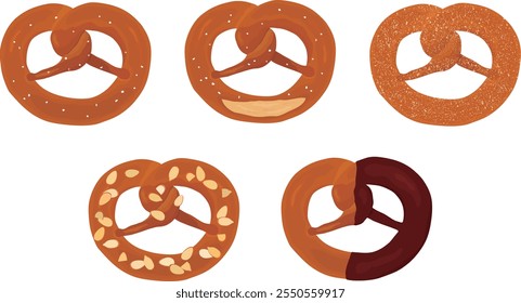 Set of various soft pretzel. Hand drawn vector illustration. Bread, brezel, chocolate, almond, cinnamon.