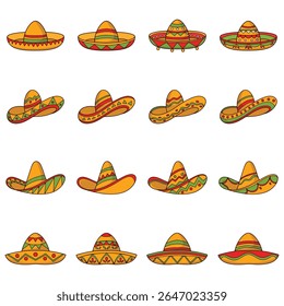 Conjunto de vários chapéus de sombrero em diferentes padrões e cores, apresentado em uma ilustração de estilo cartoon.
