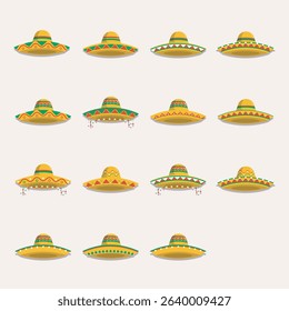 Set of various sombrero hats, featuring vibrant colors and patterns, suitable for use in design projects or cultural representations.  