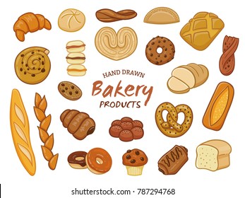 Set Of Various Sorts Bread And Bakery Products Hand Drawn Design Elements Isolated On Set Of Various Sorts Bread And Bakery Products Hand Drawn Design Elements Isolated On