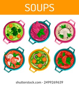 Set of various soups flat vector illustration