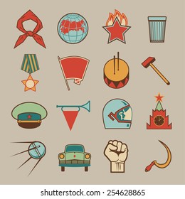 Set of various soviet style design colorful vector elements, symbols, icons and emblems isolated on beige background. Russian socialistic culture retro collection