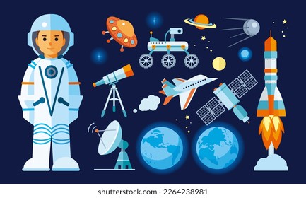 Conjunto de diversos elementos de exploración espacial: naves espaciales, satélite espacial, estación orbital, saturn, tierra, astronauta, cohete, rover, localizador, telescopio, luna, estrella, buque alienígena. Ilustración aislada plana