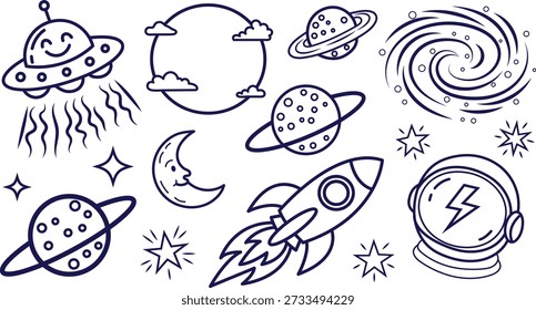 Conjunto de varios objetos y símbolos espaciales, incluidos planetas, lunas, estrellas y naves espaciales