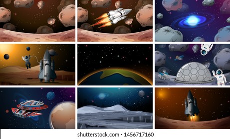 Set of various space scenes illustration