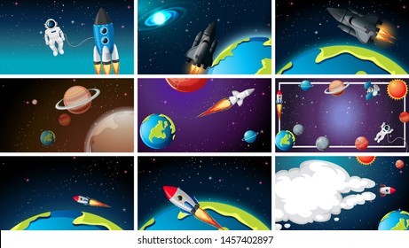 Conjunto de varias ilustraciones de escenas espaciales