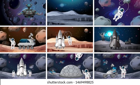 Conjunto de varias ilustraciones de escenas espaciales